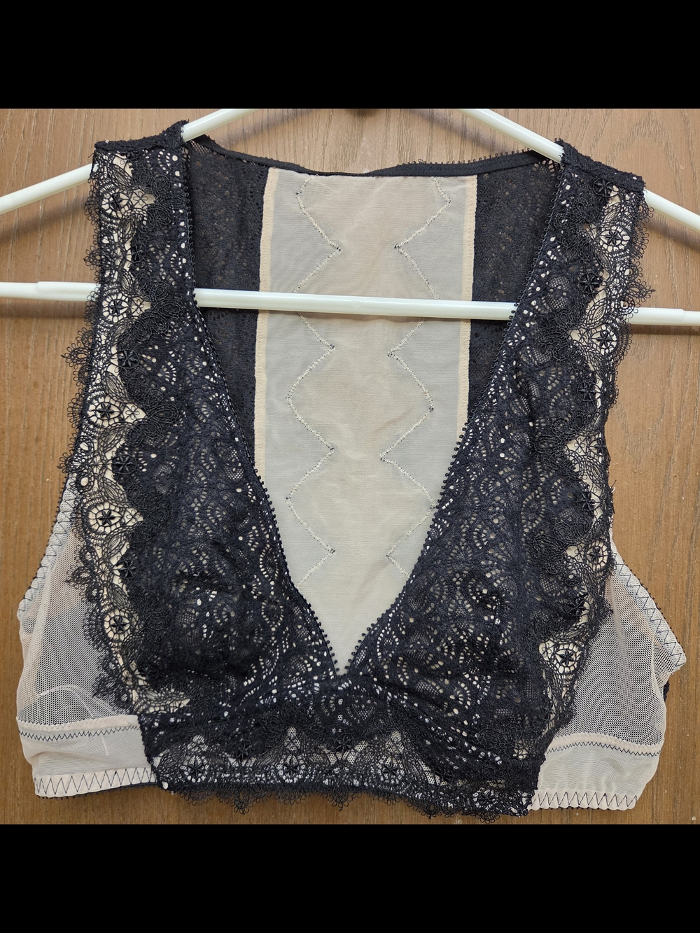 Victoria's Secret Black Lace Plunge Bralette over Nude Mesh